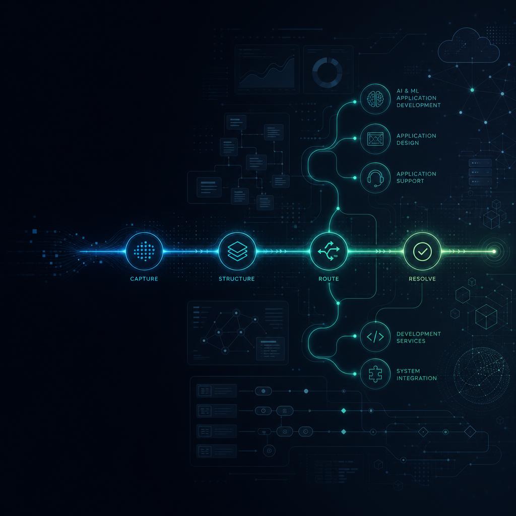 DTS capability flow from Capture through Structure, Route and Resolve, branching to AI and machine-learning application development, application design and support, development services and system integration.
